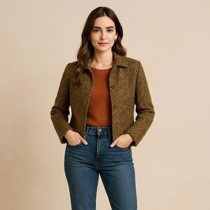 Vintage Cynthia Max Tweed Boucle Jacket M Multicolor Chevron Lined Fall USA